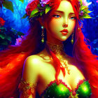 Colorful Illustration: Woman with Red Hair & Floral Crown on Floral Background