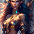 Fantasy female character in golden armor with pointed ears against mystical forest.