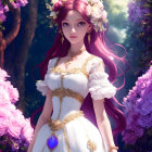 Pink-haired maiden in white dress with floral crown in mystical rose woodland