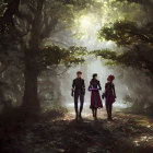 Mystical forest scene with three individuals walking under sunlight