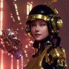Futuristic female character in black and gold suit with blue eyes against neon backdrop