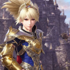 Illustrated female warrior in golden armor with crown and blond hair standing in front of castle.