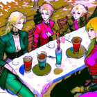 Four animated characters with unique hairstyles and colorful outfits enjoying drinks outdoors