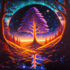 Vivid cosmic tree with neon lights in surreal forest landscape