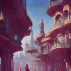 Ethereal cityscape with pink structures and red cloaked figures