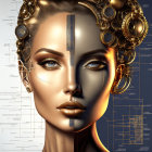 Digital Artwork: Woman's Face with Mechanical Elements and Blueprint Designs