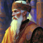 Elderly man in golden crown and orange robes against blue columns