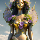 Golden fairy with floral adornments and intricate wings in digital art.