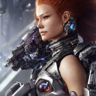 Red-haired woman with cybernetic body in futuristic setting