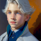 Young boy with wavy white hair and blue eyes in white coat against warm background