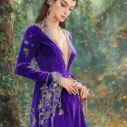 Woman in Purple Gown Contemplating in Enchanted Forest