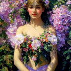 Young woman with floral headpiece and bouquet among colorful blooms.