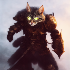 Armored cat fantasy illustration with green eyes in battle gear against cloudy sky