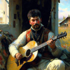 Mustached man in traditional attire plays guitar by sunlit doorway