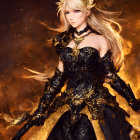 Blonde Woman in Black and Gold Armor in Fiery Setting