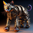 Detailed digital artwork: Mechanical cat with filigree designs, blue eyes, jewel-like accents