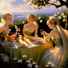 Three animated female characters with horns and elf-like ears dining under a blooming tree at sunset