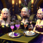 Stylized fantasy women with butterfly wings at banquet table