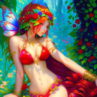 Fantasy creature with butterfly wings in red and gold attire among vibrant flowers