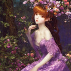 Woman with Red Hair in Purple Gown Surrounded by Moonlit Nature
