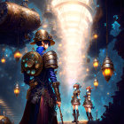 Fantastical steampunk scene with characters in ornate armor and radiant tower