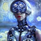 Futuristic female android with intricate headgear in space scene