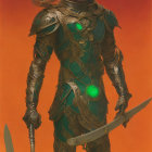 Fantasy warrior in green and gold armor with sword on orange backdrop