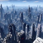 Futuristic cityscape with towering skyscrapers and flying vehicle