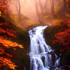 Tranquil autumn forest with waterfall under warm sunlight