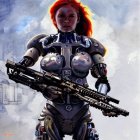 Striking red-haired woman merges with futuristic robotic body holding weapon against moody sky