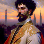 Portrait of man with beard and curly hair in red and gold coat against spires backdrop