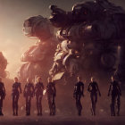 Seven individuals in futuristic armor face giant robot in dusky sci-fi scene