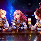 Three female characters in medieval armor at bar with mystical backdrop holding drinks