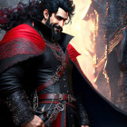 Fantasy warrior in black and red cape at gothic castle.