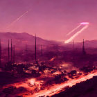 Dystopian landscape with reddish-purple sky and futuristic structures