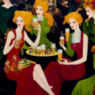 Three women with golden hair in red dresses enjoying beer in front of a gothic-style backdrop