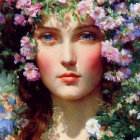 Portrait of Woman with Blue Eyes Surrounded by Colorful Blooming Flowers