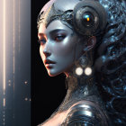 Profile view digital artwork of female figure with mechanical elements and glowing headgear.