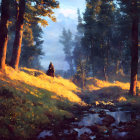 Tranquil landscape with person on horseback among trees, sunlit grassy hill, and gentle