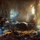 Sunlit Dilapidated Room with Debris and Disarray