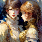 Two women with elaborate hairstyles and vintage clothing in soft light