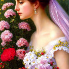 Contemplative woman in purple veil among pink and white flowers