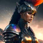 Female warrior digital artwork with metallic armor and feathered helmet against ember backdrop