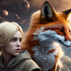 Blonde girl and red fox in futuristic digital art