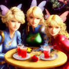 Blonde Fairy Characters in Blue and Red Armor at Table