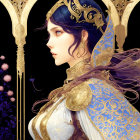 Royal attire illustration: woman with blue hair in elegant gold and blue outfit