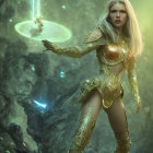 Female Warrior in Golden Armor with Glowing Green Staff in Mystical Forest