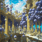 Golden ornate structure with blue spheres on blue backdrop with white clouds