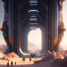 Futuristic desert landscape with explorers and colossal structure