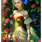 Fantastical fairy with butterfly wings in vibrant flower garden